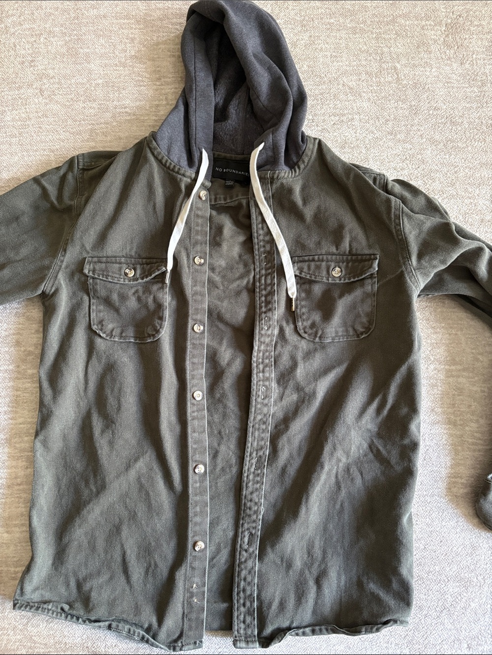 No Boundaries Olive Hooded Shirt Jacket with Charcoal Hood